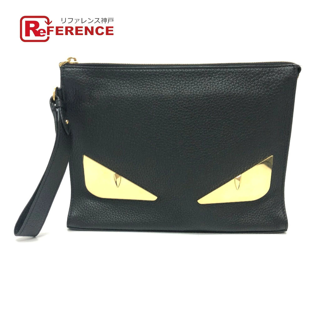 Fendi Monster Flat Slim Bag Pouch Clutch Strap Clutch Leather Black